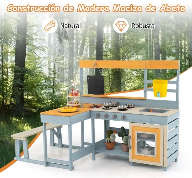 Cozinha de brincar com mesa de piquenique para crianças em madeira de abeto com banco de ardósia, lava-loiça e acessórios para o pátio ou jardim Multi