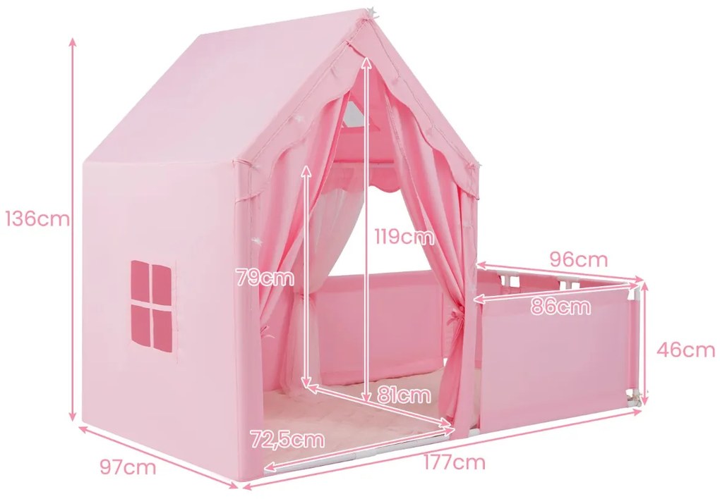 Tenda infantil 2 em 1 com Luzes de estrelas 177 x 97 x 136 cm Tapete Cortinas Janelas para crianças 3+ anos Interior Rosa