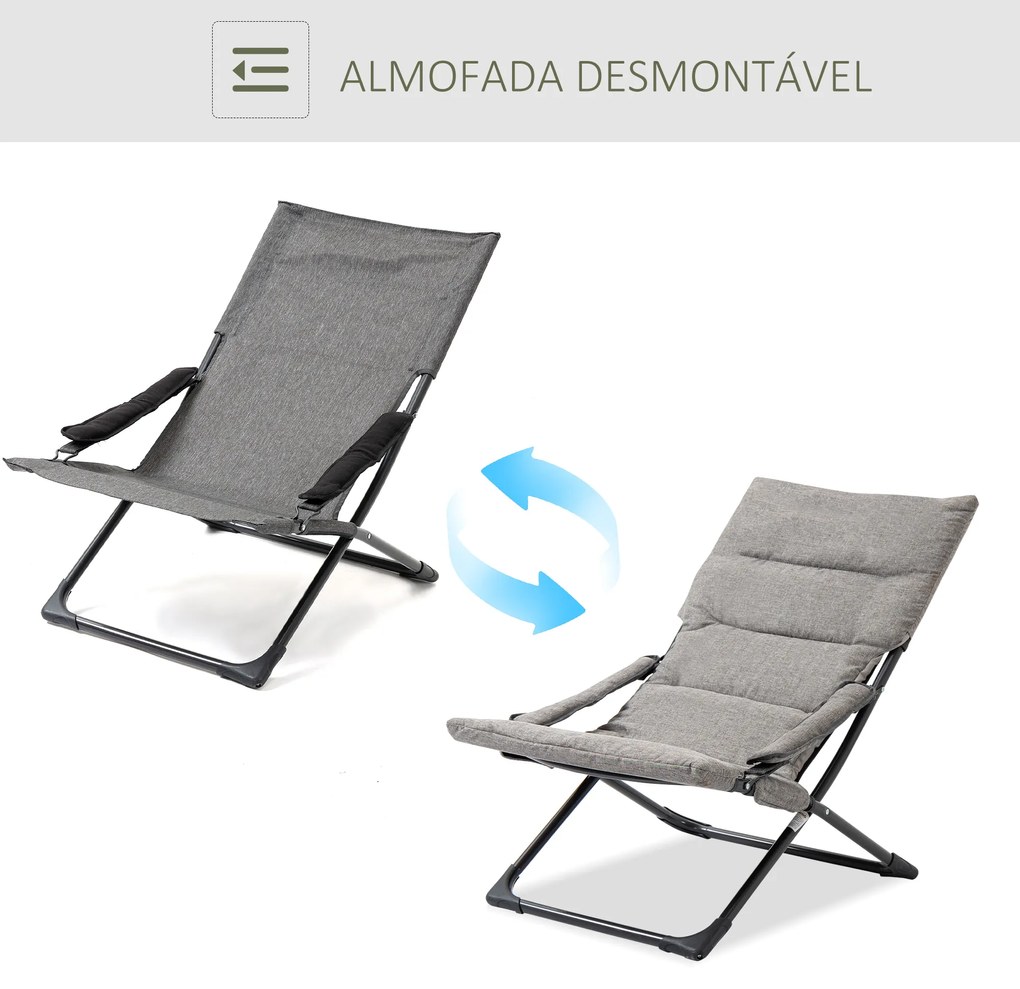 Cadeira de Campismo Dobrável Cadeira de Jardim Portátil com Almofada Acolchoada Removível e Apoio Aço 66x94x79cm Cinza