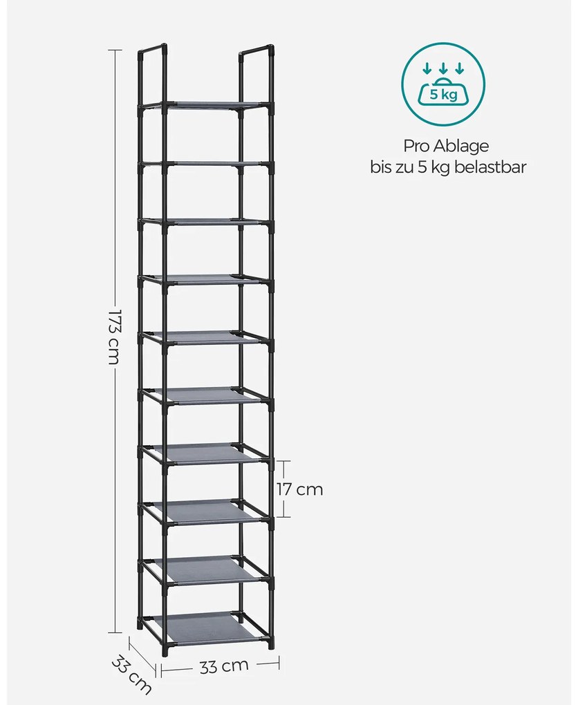 Sapateira de 10 níveis 33 x 33 x 173 cm com prateleiras cinzento