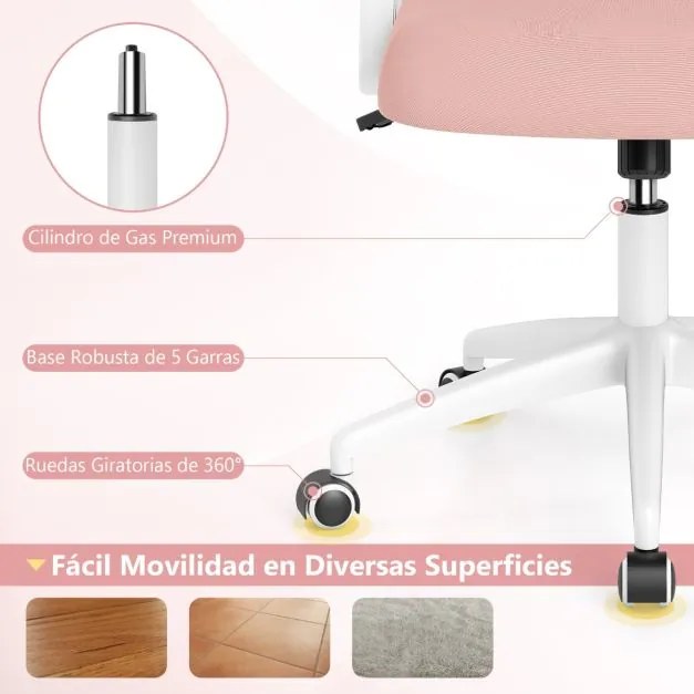 Cadeira de escritório ergonómica com apoio lombar integrado, apoios de braços rebatíveis, rodas universais, altura ajustável, Rosa