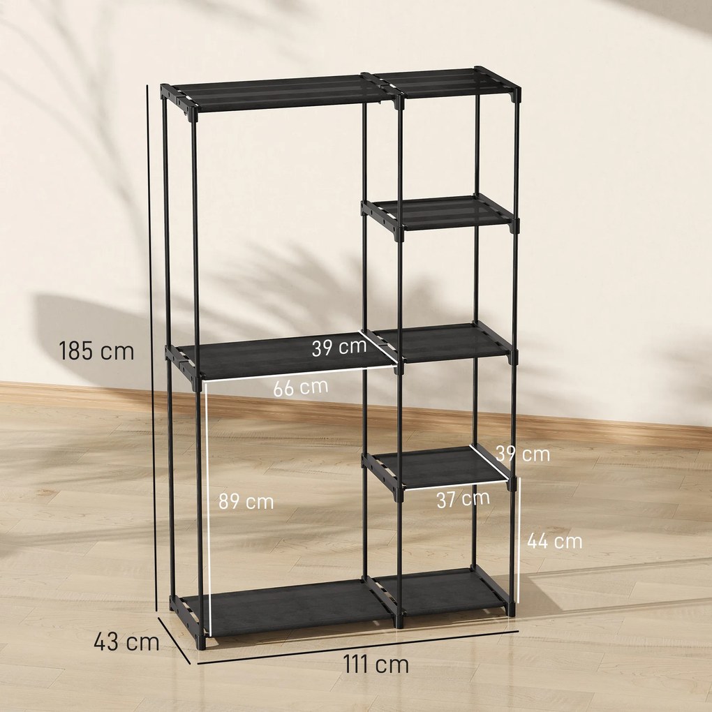 Guarda roupa aberto portátil com 2 varões para pendurar roupa e 6 prateleiras, 111 x 43 x 185 cm, preto