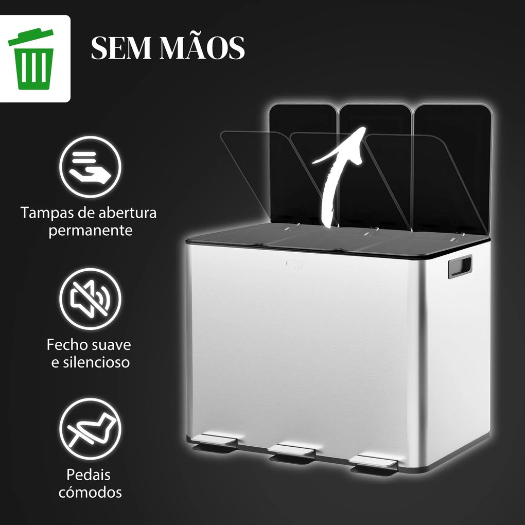 Balde de Lixo de Cozinha com 3 Compartimentos 3x10L Cubo de Lixo de Aç