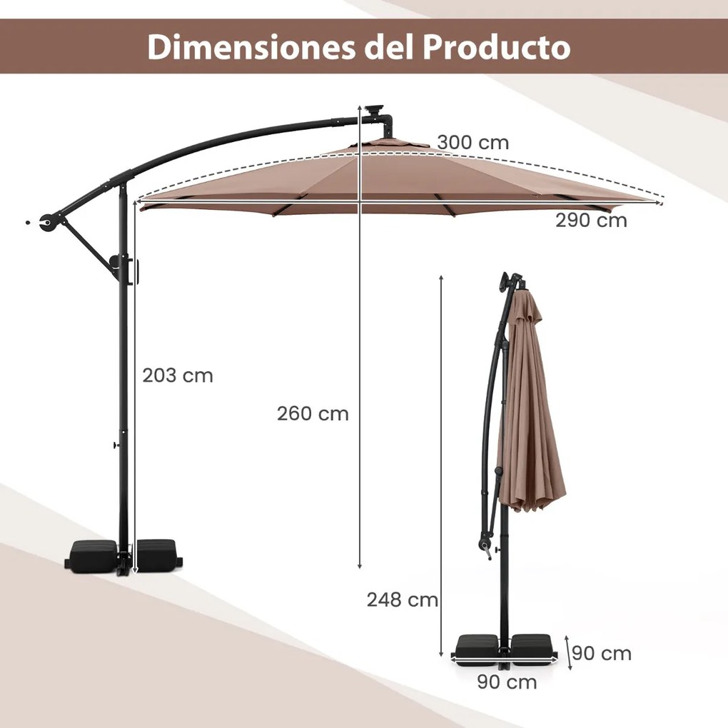 Guarda-sol 300 x 260 cm com base, iluminação LED, 9 modos, ajuste fácil da inclinação, rotação de 360° Café