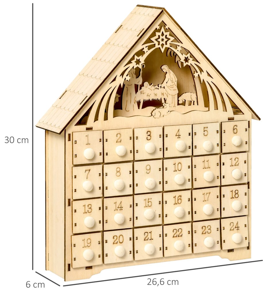 HOMCOM Calendário de Advento de Madeira com Luzes Calendário de Advento com 24 Caixas de Contagem Regressiva Decoração de Natal 26,6x6x30 cm Madeira