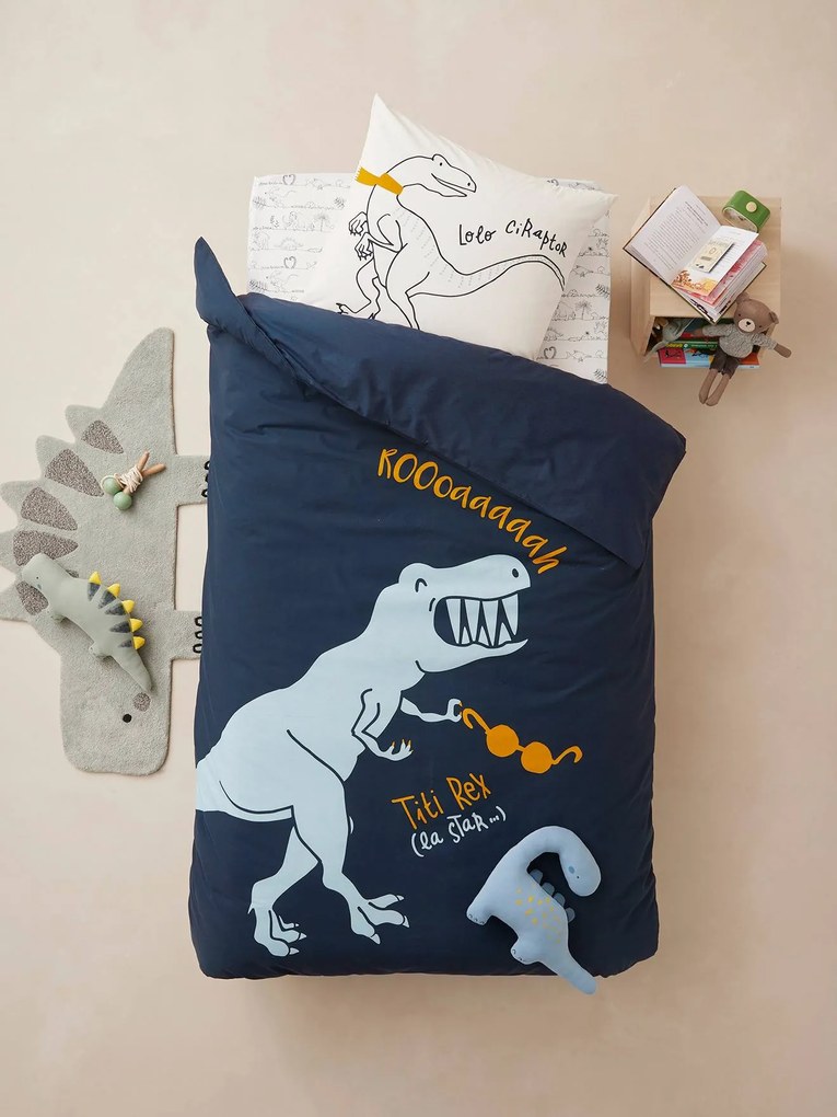 Agora -25% | Conjunto de cama, para criança Magicouette®, Dinossauros azul escuro liso com motivo