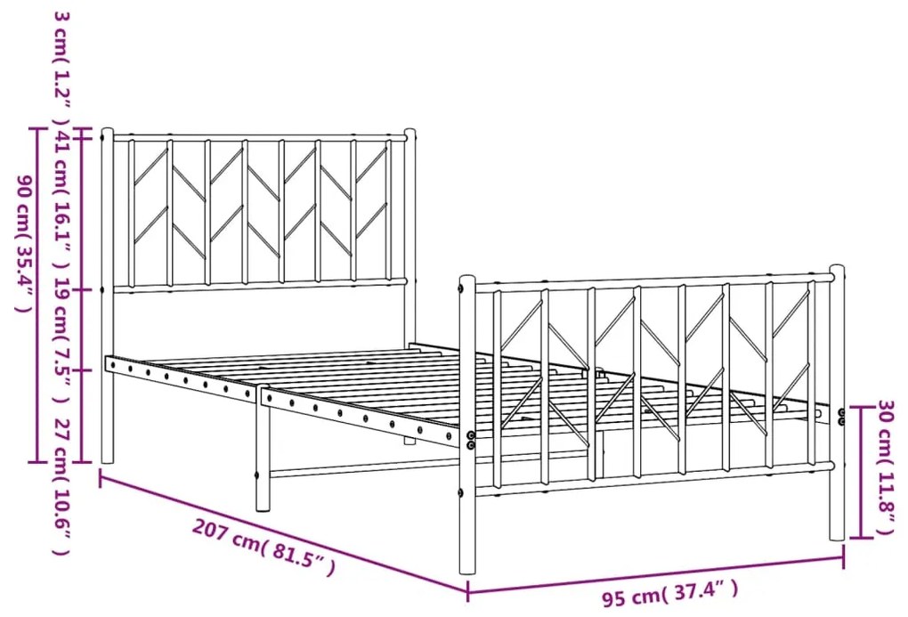 Estrutura de cama com cabeceira e pés 90x200 cm metal preto