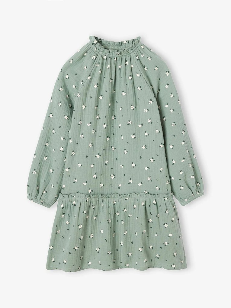 Agora -30%: Vestido às flores, em gaze de algodão, para menina verde-acinzentado