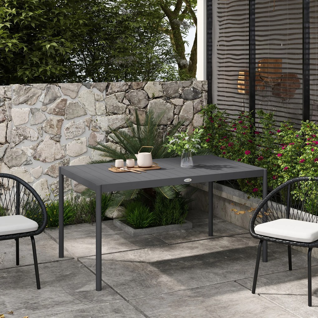 Mesa de jardim retangular para 6 pessoas em alumínio, com tampo de ripas, 145 x 90 x 74 cm, cinzenta
