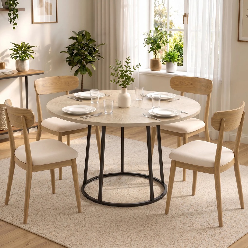 Mesa de jantar redonda para 4 a 6 pessoas, Ø 120 x 75 cm (CADEIRAS NÃO INCLUIDAS), mesa de cozinha com base cónica em metal, cor madeira natural