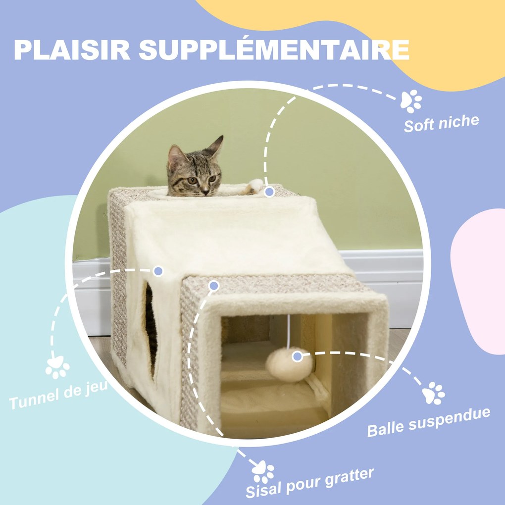 Túnel para gatos de interior, brinquedos para gatos com bola suspensa e várias entradas, em sisal, 98 x 30 x 30 cm, cor creme