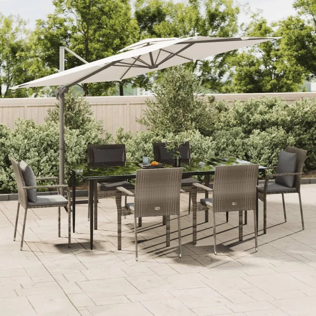 vidaXL 7 pcs conjunto jantar jardim c/ almofadões vime PE preto/cinza