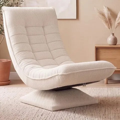 Poltrona em veludo cotelê Aberdeen, ajustável em 5 posições, giratória a 360°, dobrável creme