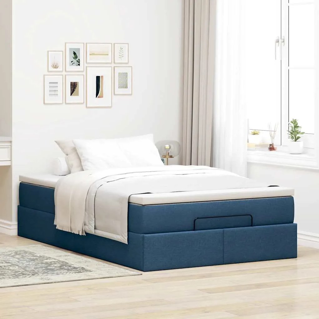 Estrutura de cama otomana com colchão 120x200 cm tecido azul