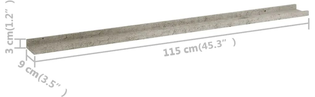 Prateleiras de parede 2 pcs 115x9x3 cm cinzento cimento