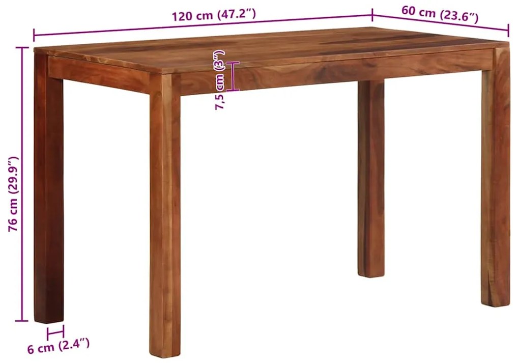 Mesa de jantar 120x60x76 cm madeira maciça de acácia