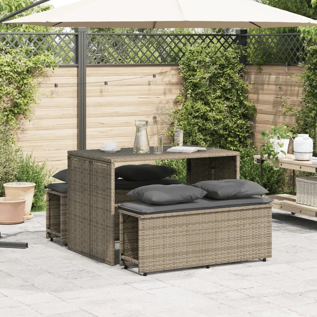 3 pcs conjunto de jantar p/ jardim c/ almofadões vime PE cinza