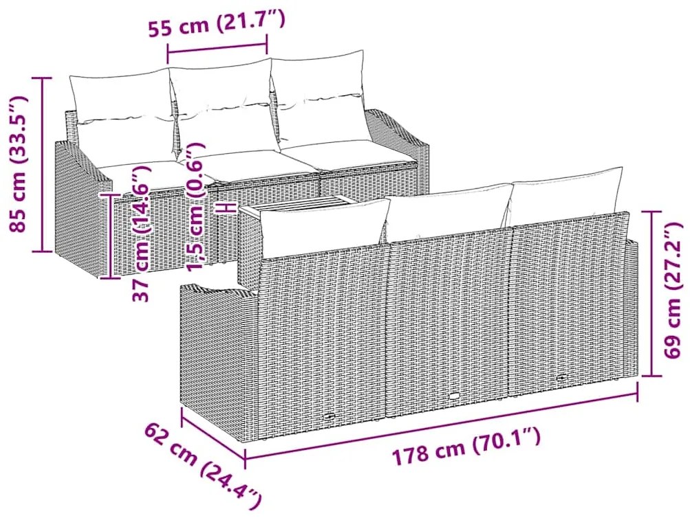 Conjunto de sofá para jardim de 7 peças com almofadas pretas de rattan