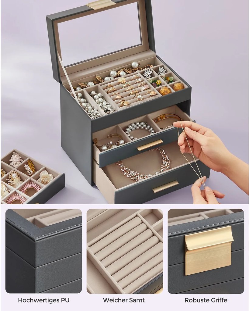 Caixa para joias com 4 níveis 15,3 x 25,1 x 21,5 cm cinzento-dourado