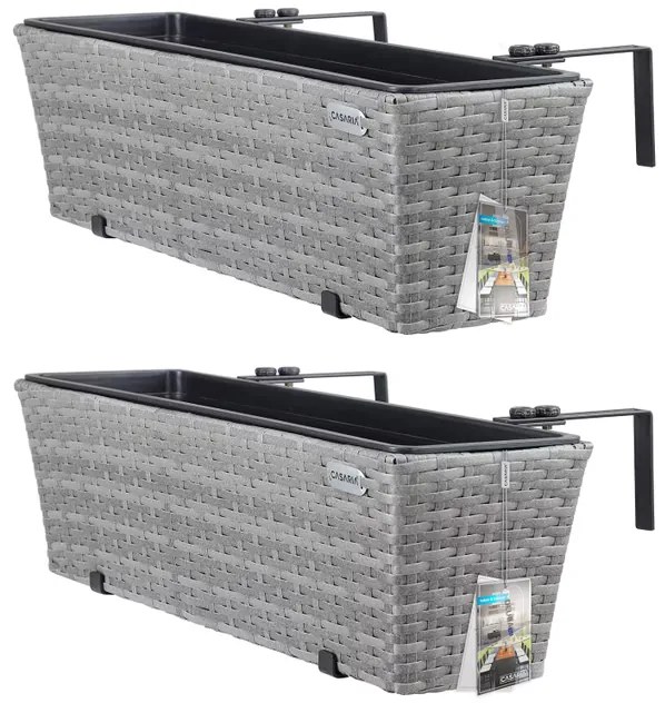 Conjunto 2 vasos de varanda 60 x 20 x 19 cm para flores Polyrattan cinzento