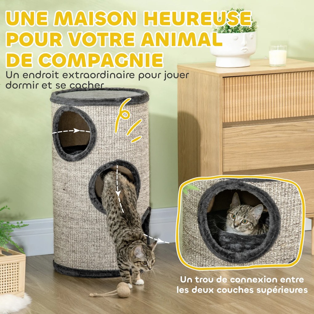 Barril para gatos arranharem, torre de arranhar em sisal com 3 níveis revestida a pelúcia, Ø 38 x 70 cm, cinzento claro