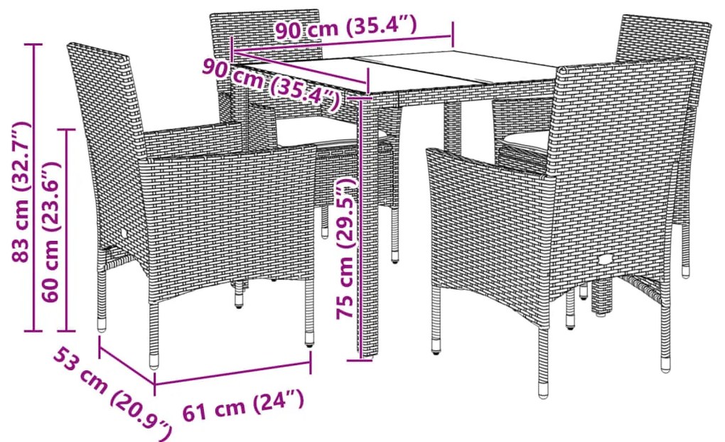 5pcs conjunto jantar jardim c/almofadões vime PE/vidro castanho