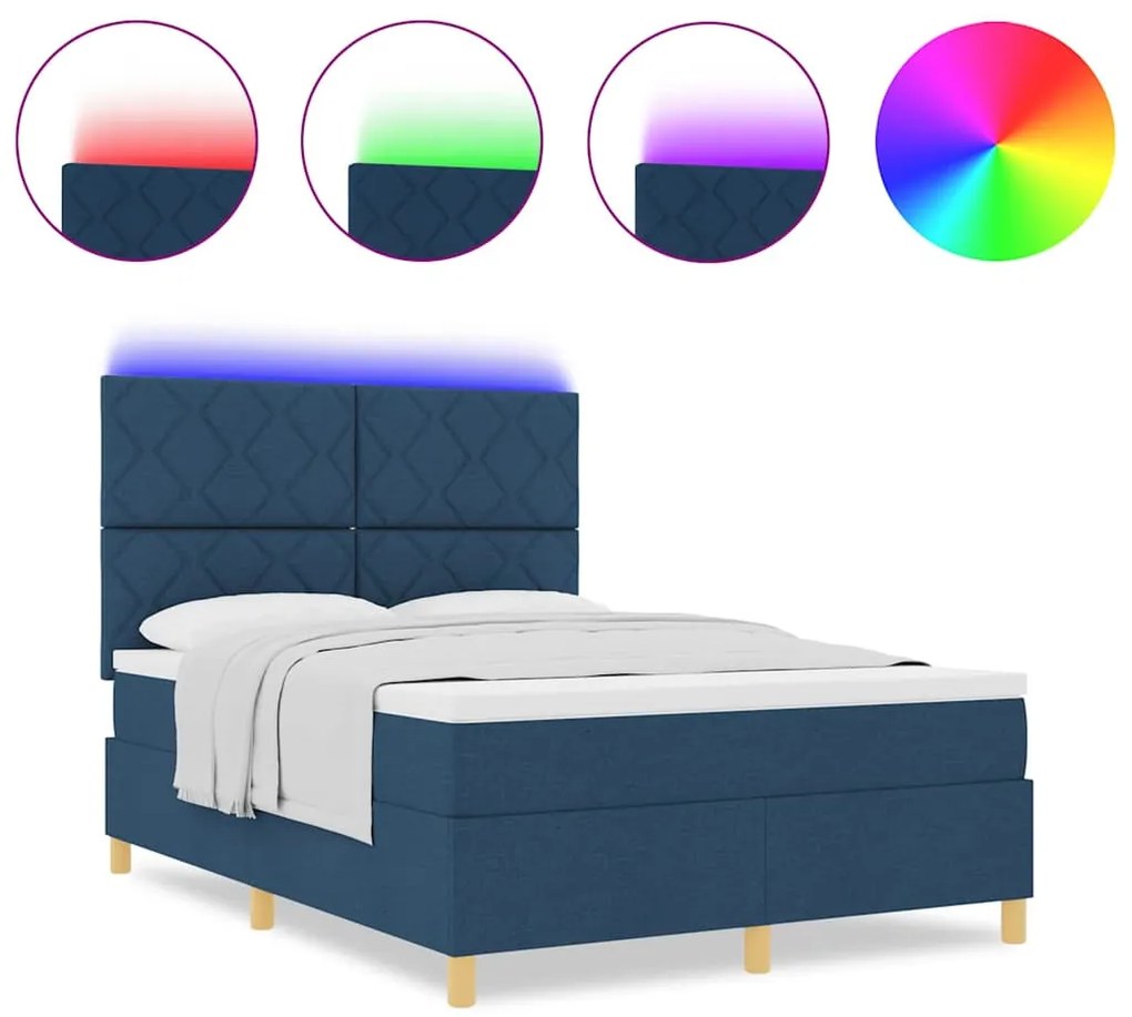 Cama Box Spring com Colchão e Luz LED Azul 140x190 cm Tecido
