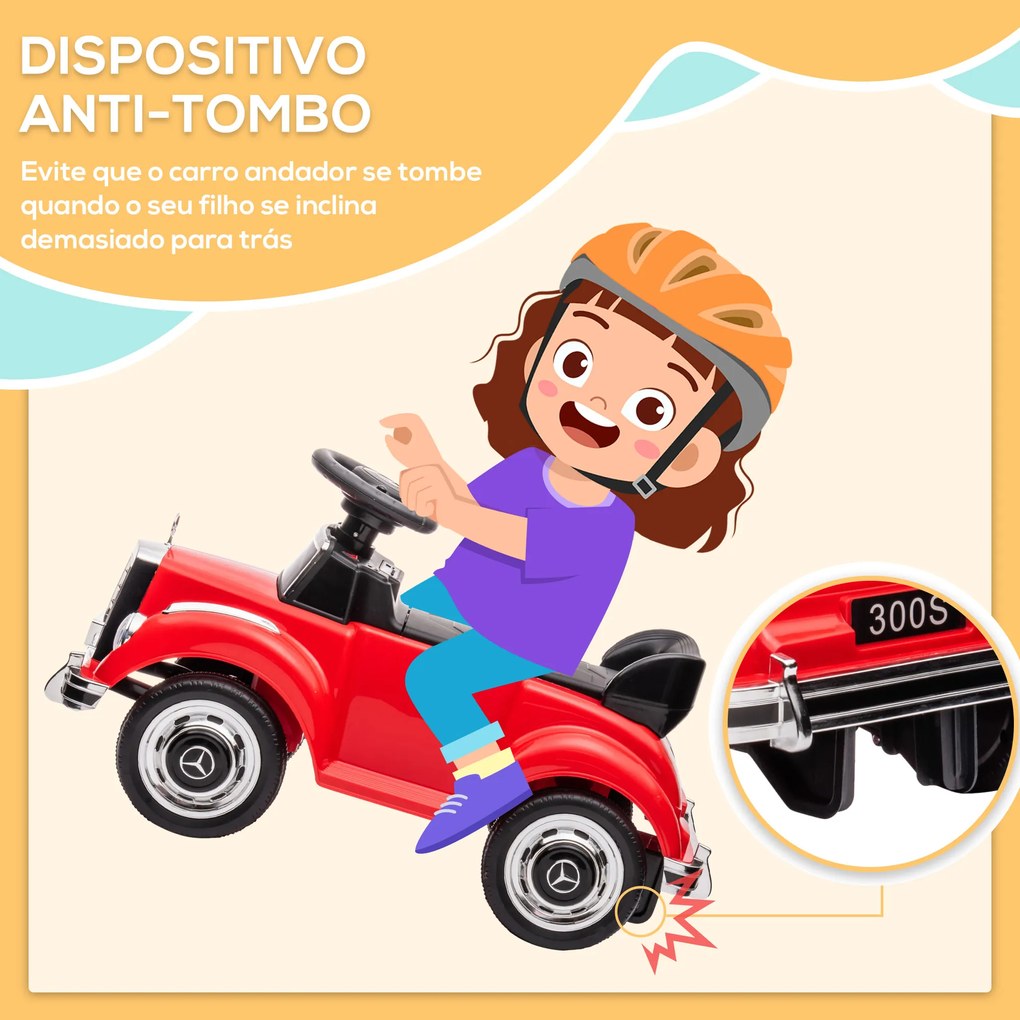 Carro Andador com Licença da Mercedes-Benz 300S com Armazenamento Volante Sistema Anti-Tombo  77,5x41,5x45 cm Vermelho