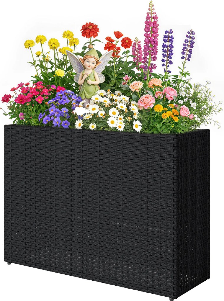 Floreira elevada em resina trançada 76 x 23 x 28 cm, suporte para flores com tabuleiro removível e pés ajustáveis preta