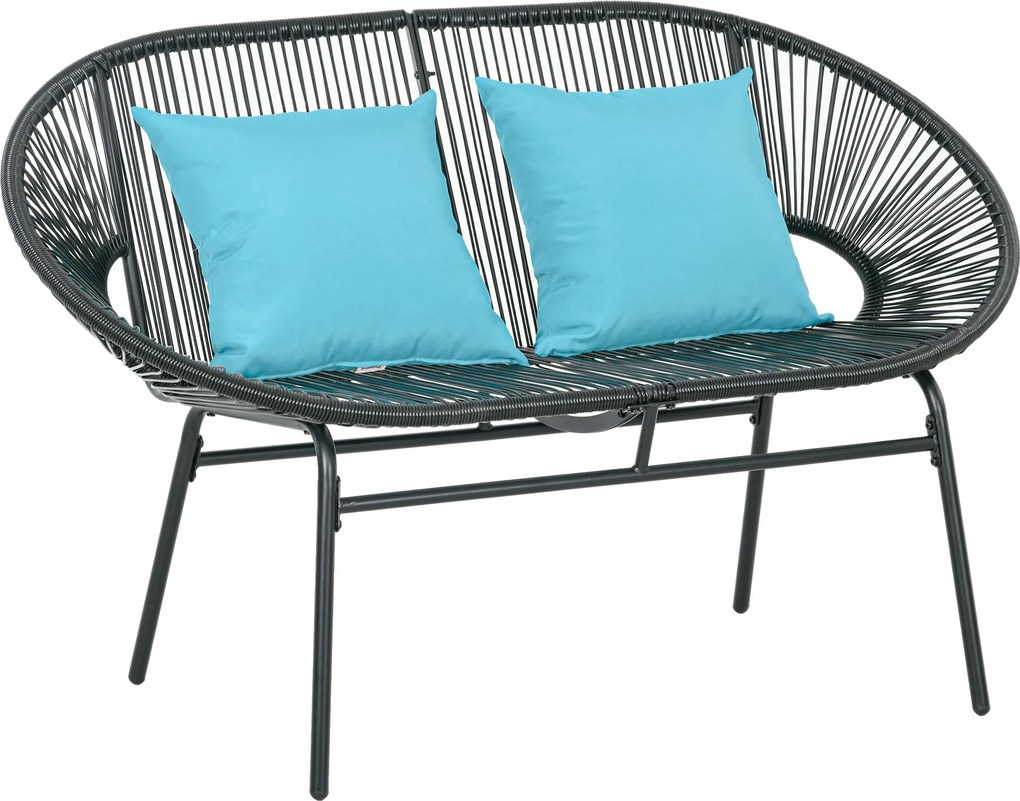 Outsunny Banqueta banco de jardim 2 lugares em metal e cordoaria em resina com 2 almofadas - dim. 132L x 72l x 83H cm - preto | Aosom Portugal