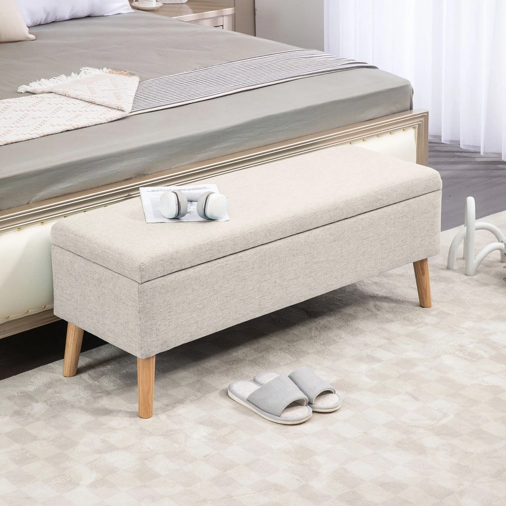 Banco com arrumação estofado com aspeto de linho para quarto, entrada ou sala de estar, capacidade de 220 Kg, 110 x 39 x 45 cm, bege