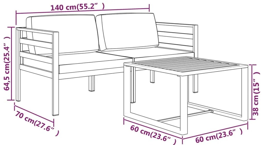 3 pcs conjunto lounge jardim com almofadões alumínio antracite
