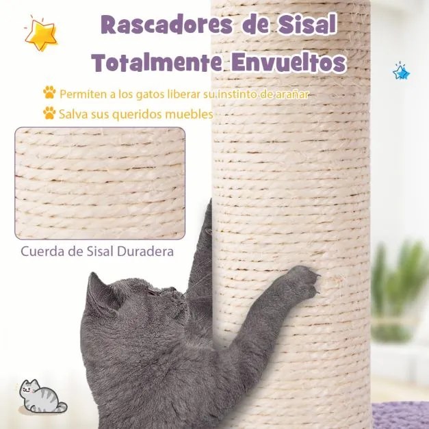 Arranhador para gatos de 158 cm com vários níveis e escada Poste de arranhar coberto de sisal de pelúcia Rede roxa