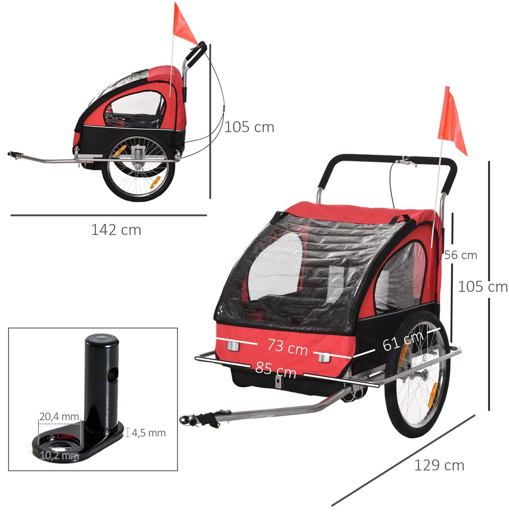 HOMCOM Reboque de Bicicleta 2 EM 1 para crianças de 2 lugares com Amortecedores Convertível em carrinho com barra e kit de corrida 129x85x105cm Vermelho