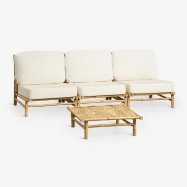 Conjunto De Jardim Com Sofá Modular De 3 Peças E Mesa De Centro Quadrada 75x75 Cm Em Bambu Isendra Tecido Branco - Sklum