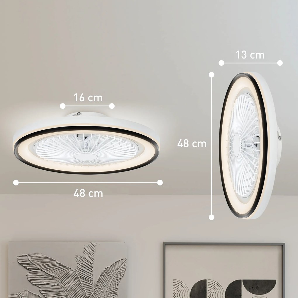 Ventoinha de Teto com Luz LED 48,5 W Motor DC Reversível Silenciosa com Controlo Remoto 6 Velocidades Temporizador Ø48x13 cm Branco