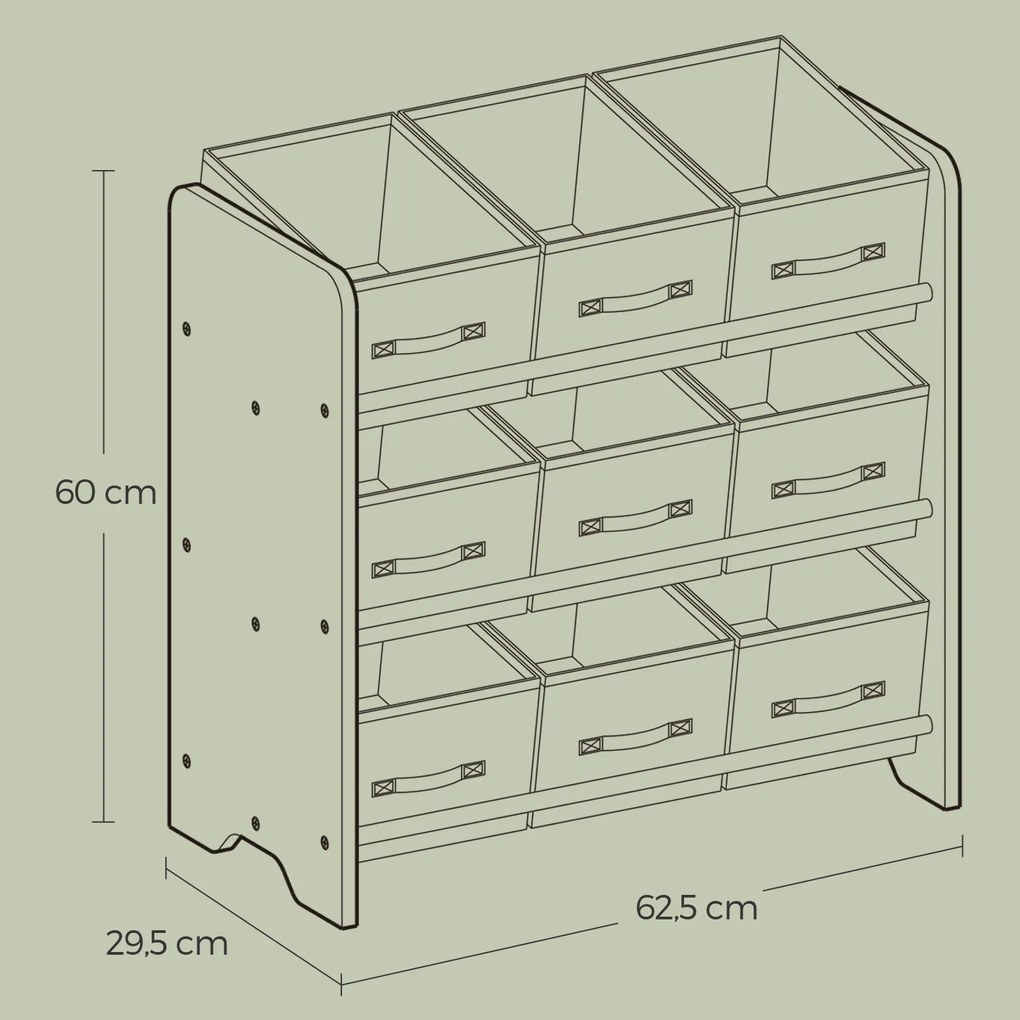 Estante infantil com 9 caixas de armazenamento em tecido não tecido 29,5 x 62,5 x 60 cm branco