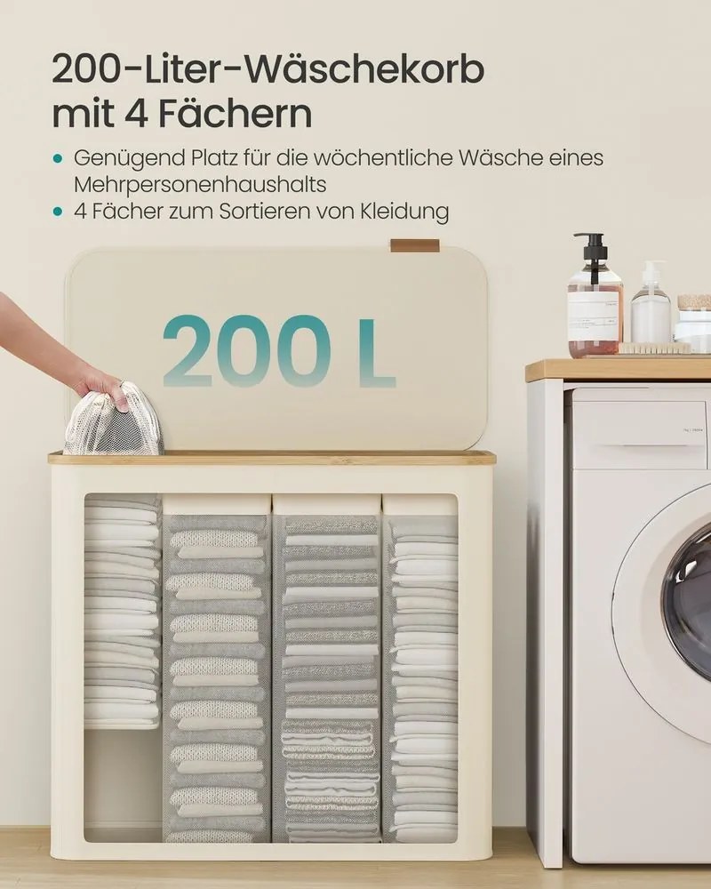 Cesto da roupa suja com tampa 200L, 78 x 38,5 x 70,5 cm Branco creme
