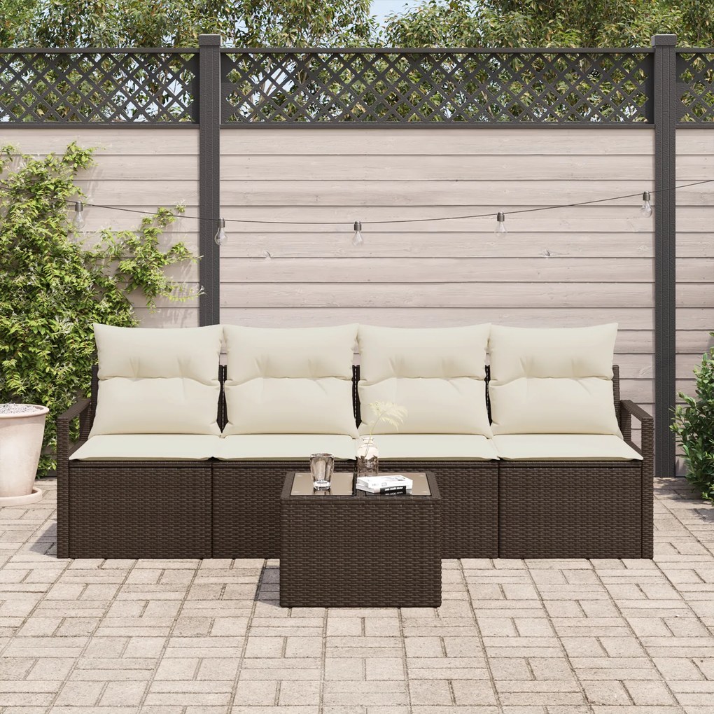 Conjunto de Sofá de Jardim de 5 Peças com Almofadas Castanho Poliratta