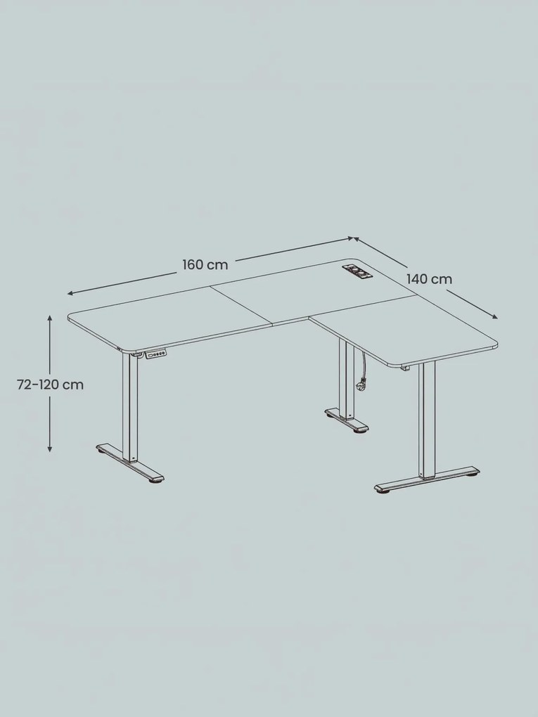 Secretária de canto com regulação elétrica da altura e estação de carregamento 160 x 140 x (72–120) cm castanho-preto