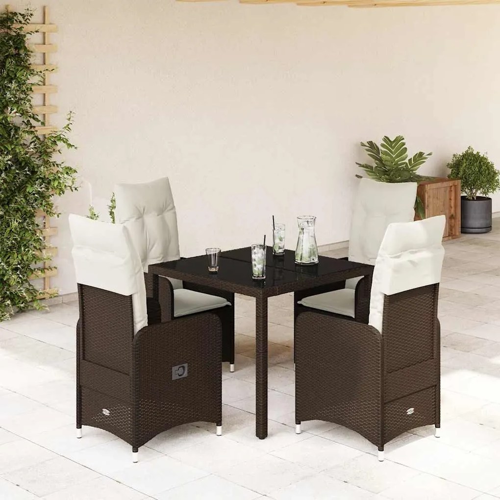 5 pcs conjunto bistrô p/ jardim c/ almofadões vime PE castanho