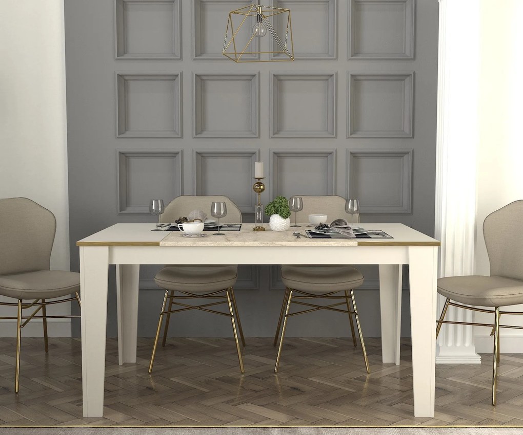 Mesa de Jantar "Veyron" – 145x85x76.2 cm – Branco, Travertino, Arenito