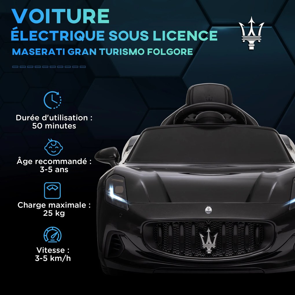 Carro elétrico para crianças com licença Maserati Gran Turismo Folgore, 12 V com comando à distância, para crianças dos 3 aos 5 anos, preto