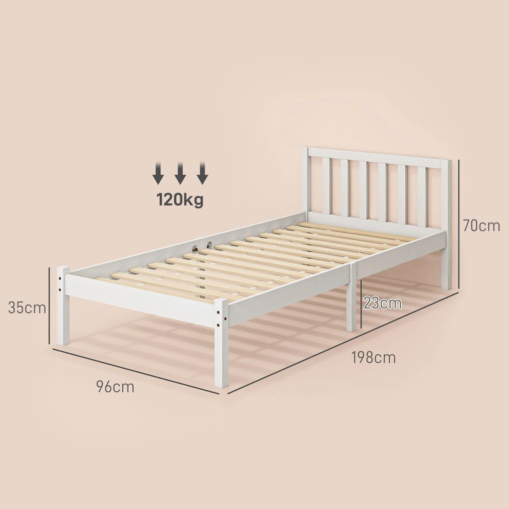 Estrutura de Cama de Madeira Estrado de Cama de Solteiro para Colchão 190x90 cm (NÃO INCLUIDO) Carga 120 kg 198x96x70 cm Branco