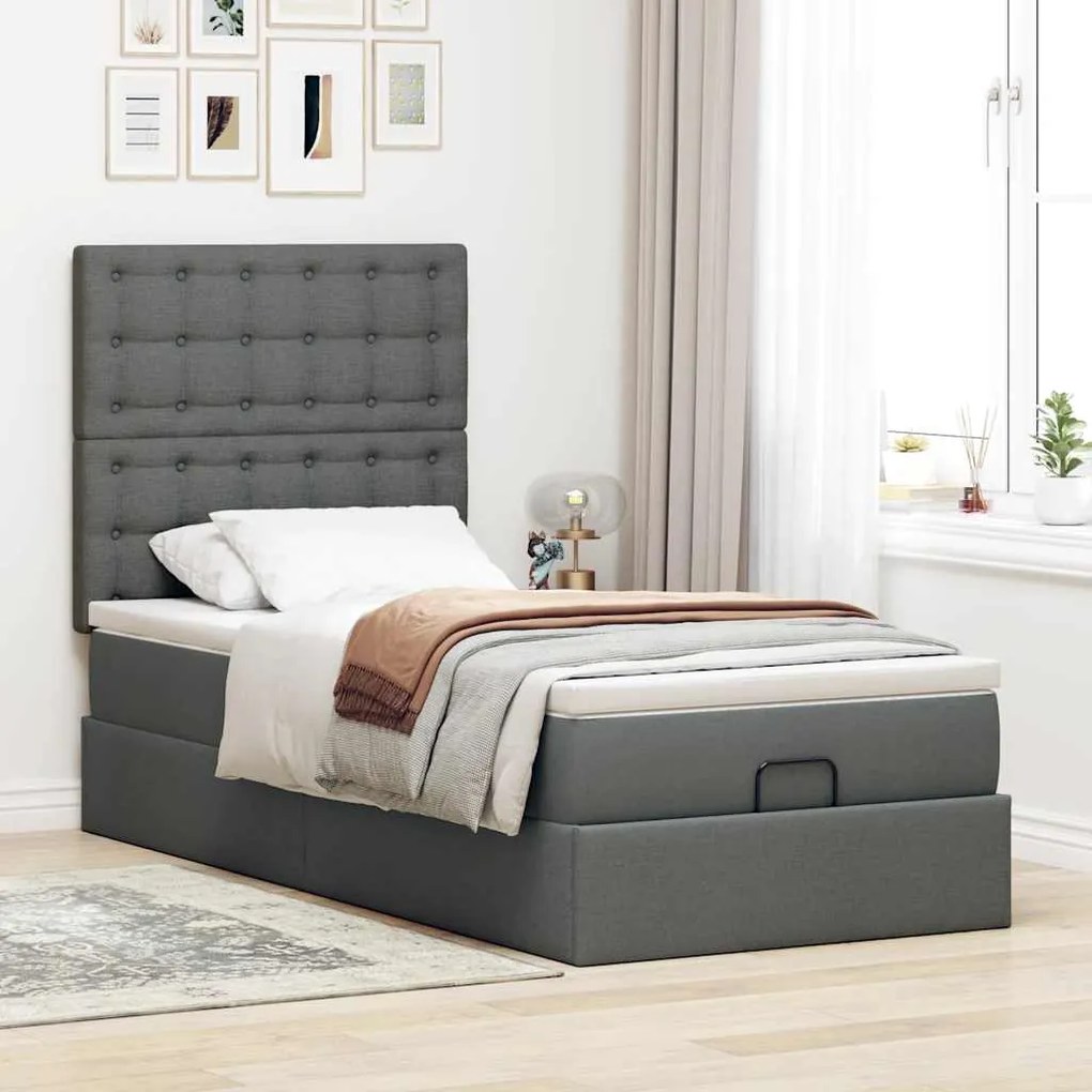 Cama otomana com colchão & LEDs 90x200cm tecido cinzento escuro