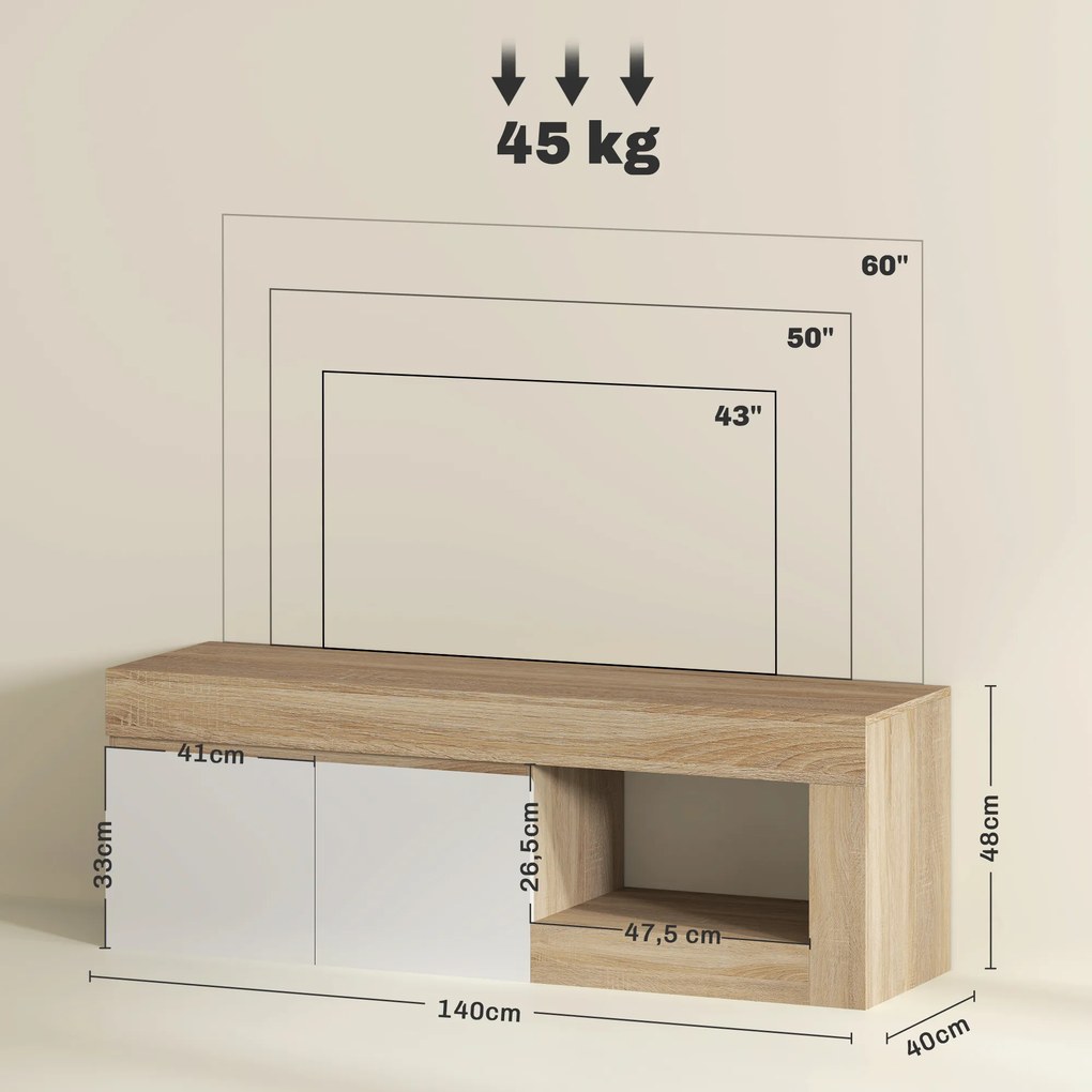 Móvel de TV com 2 Portas Prateleira Aberta Móvel de TV Televisóres de 60 Polegadas 140x40x48 cm Branco e Madeira