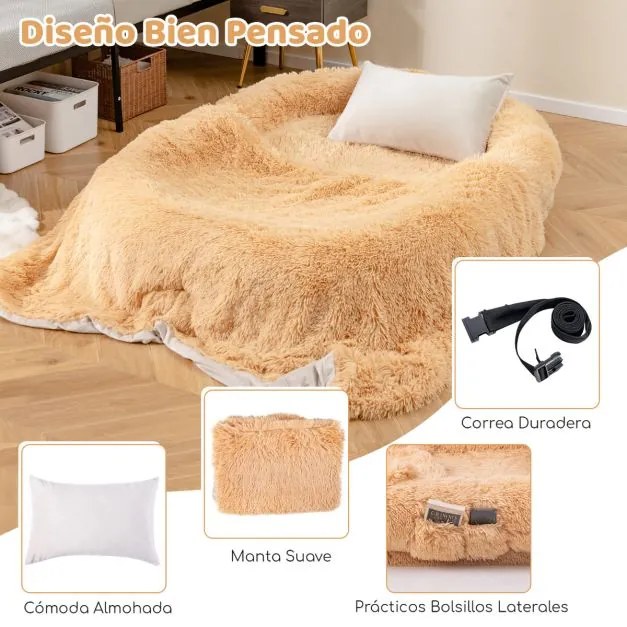 Cama de dormir lavável e fofa em pele sintética para animais de estimação e adultos com almofada 171 x 115 x 25 cm Castanho