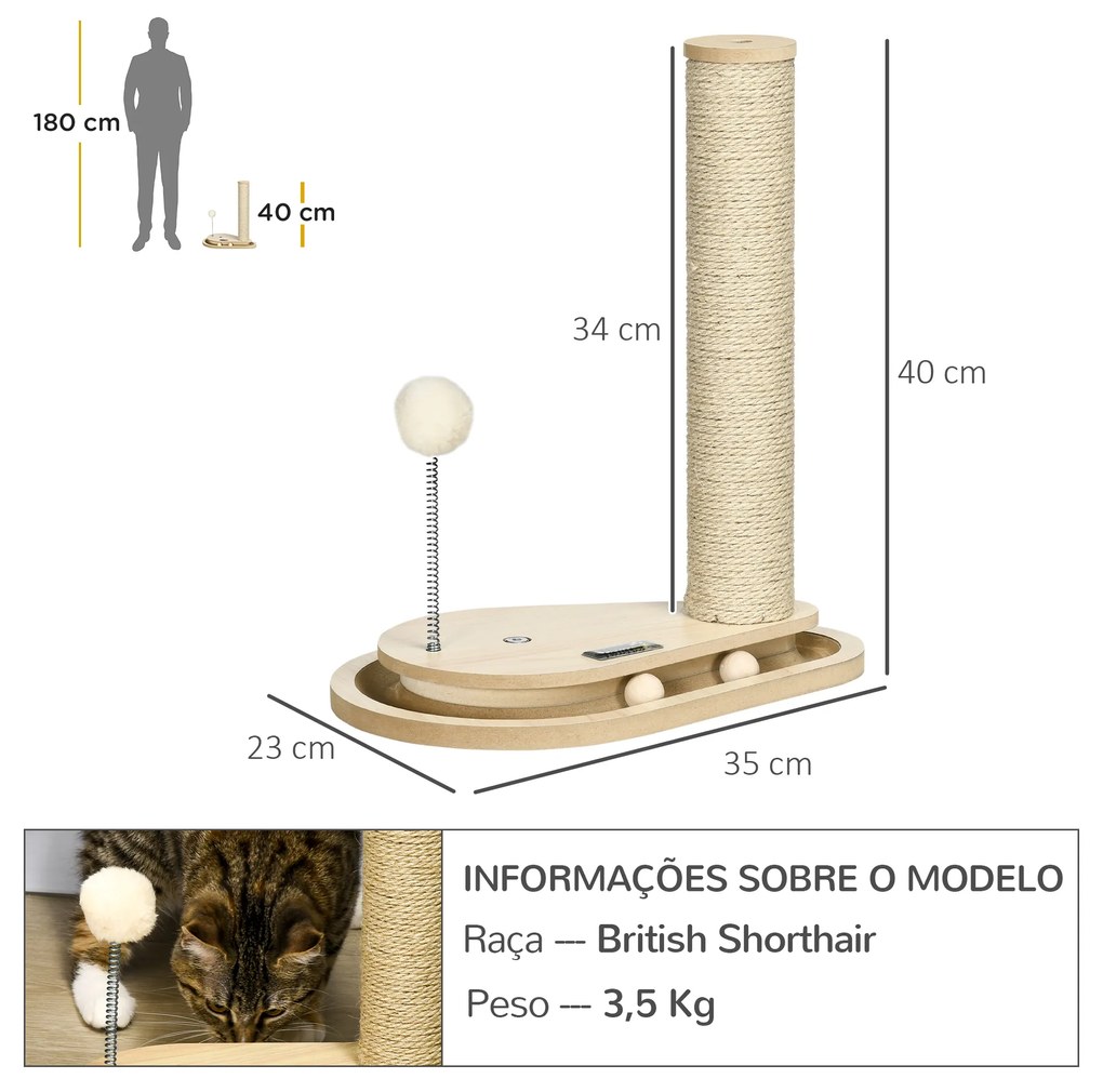 Arranhador para Gatos 40 cm Torre para Gatos com Poste de Arranhar Bola com Mola e Bolas na Base 35x23x40 cm Carvalho