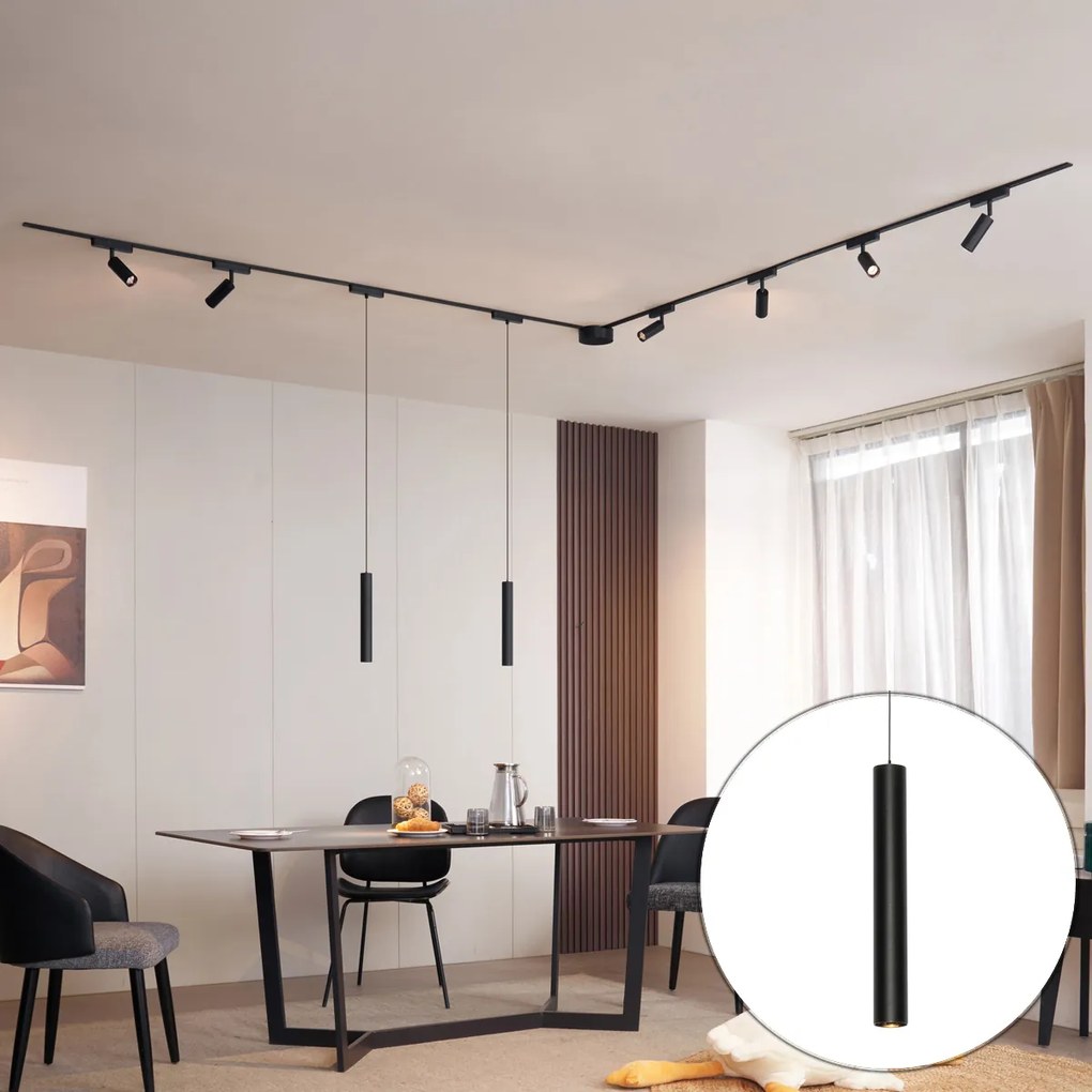 Sistema de iluminação de trilho com 6 focos e 2 pendentes pretos monofásicos - Magnetic Samson Cassie