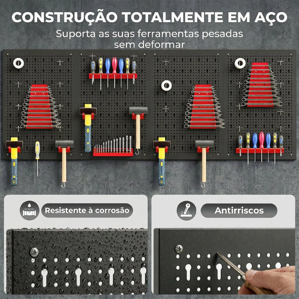 Organizador de Ferramentas de Parede com 38 Peças cada painel 60x40 cm com Ganchos e Suportes Preto e Vermelho